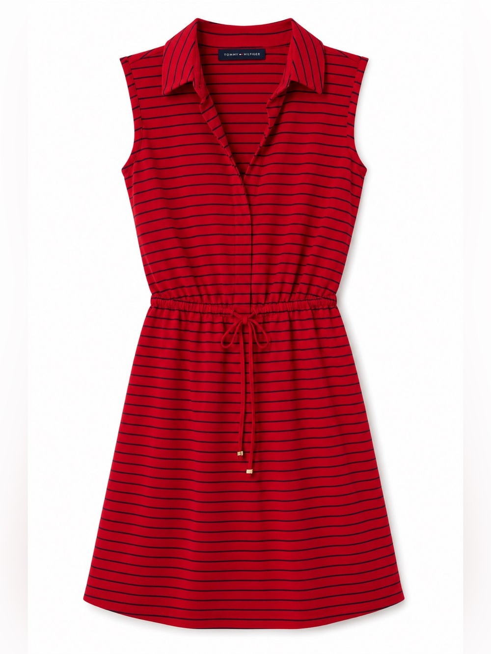Tommy Hilfiger Sleeveless Red Striped Drawstring Waist Dress